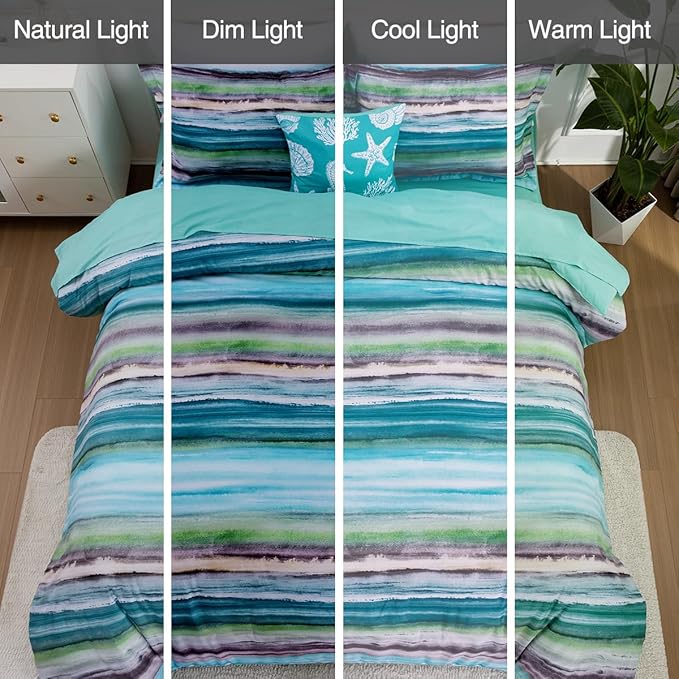 Holawakaka Beach Stripe Bedding Sets 6 Pieces, Aqua Coastal Striped Comforter Set Queen Size All Season Geometric Bed Set, Nautical Bed in a Bag with Comforter, Sheets and Shams