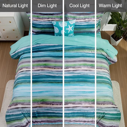 Holawakaka Beach Stripe Bedding Sets 6 Pieces, Aqua Coastal Striped Comforter Set Twin Size All Season Geometric Bed Set, Nautical Bed in a Bag with Comforter, Sheets and Shams