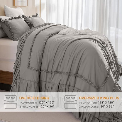 Masaca Grey Oversized King Comforter Set 128x120,Shabby Boho Chic Ruffle Bedding Comforter Extra Large King Size,French Country Rustic Farmhouse Bedding 3PCS (1 Ruffled Comforter+2 Pillow Shams)