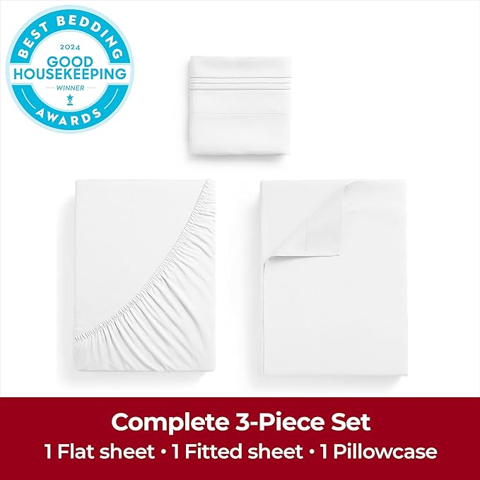 Mellanni Twin XL Sheets Set - 3 PC Iconic Collection Bedding - Hotel Luxury, Extra Soft, Cooling Bed Sheets - Wrinkle, Fade, Stain Resistant (Twin Extra Long, White) (Pack of 2)