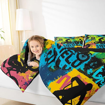 Erosebridal Boys Dirt Bike Comforter Set Full Size Skateboard Bedding Set Motorcycle Motocross Duvet Set Extreme Sports Game Quilt Set Hip Hop Colorful Comforter Set for Kids Teens Adult