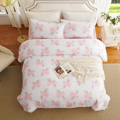 Pink Bow Comforter Set Twin 2Pcs Pink Floral Bedding Set for Girls Cute Romantic Princess Style Bowknot Bedding Ultra Soft Microfiber Garden Flower Comforter Sets with 1 Pillowcase