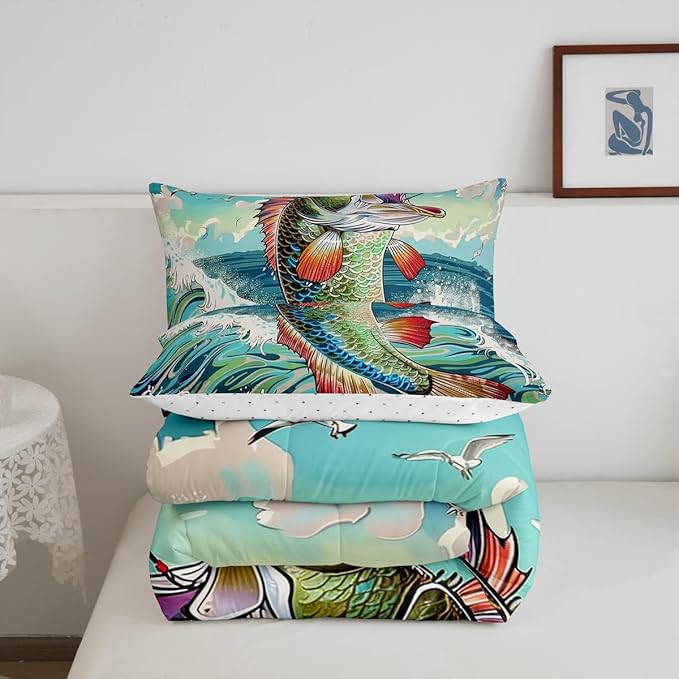 Erosebridal Bass Fishing King Comforter Set,Big Pike Fish Bedding Sets for Kids Boys Men,Vintage Ocean Waves Quilt Bed Set,Fishing Lake House Bedroom Decor,2 Pillowcases Lightweight