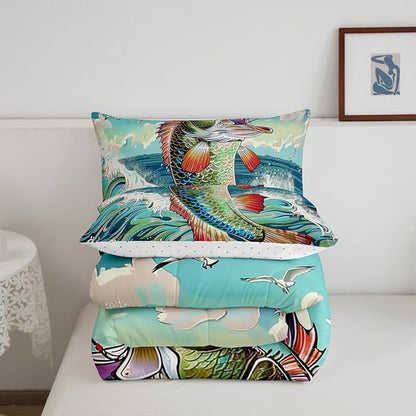 Erosebridal Bass Fishing King Comforter Set,Big Pike Fish Bedding Sets for Kids Boys Men,Vintage Ocean Waves Quilt Bed Set,Fishing Lake House Bedroom Decor,2 Pillowcases Lightweight