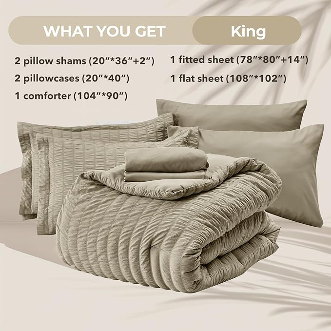 HYMOKEGE Linen King Size Comforter Set Seersucker 7 Pieces, All Season Luxury Bed in a Bag for Bedroom, Bedding Set with Comforter, Sheets, Pillowcases & Shams