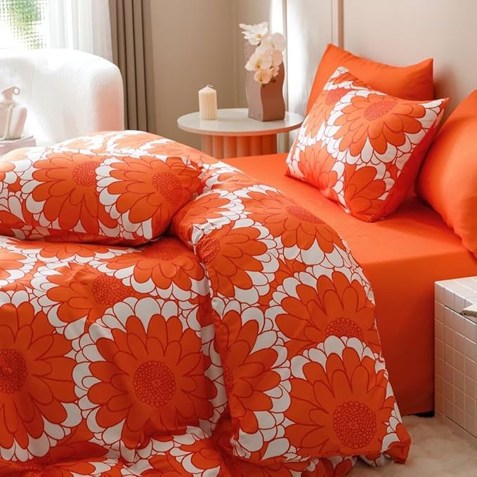 CLOTHKNOW Orange Twin Comforter Set 3Pcs Sunflower Bedding Comforter Sets Dark Orange White Farmhouse Botanical Comforter with 2 x Pillow Cases