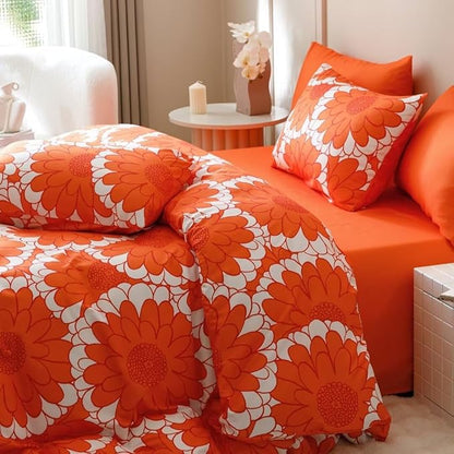 CLOTHKNOW Orange Twin Comforter Set 3Pcs Sunflower Bedding Comforter Sets Dark Orange White Farmhouse Botanical Comforter with 2 x Pillow Cases