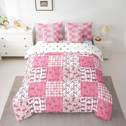 Feelyou Bow Comforter Set with Sheets King Size Kids Pink Bowknot Plaid 7 Pieces Bedding Set for Boys Girls Teens Gift for Girls Women Grid Bed in a Bag Breathable Princess Décor Bed Set