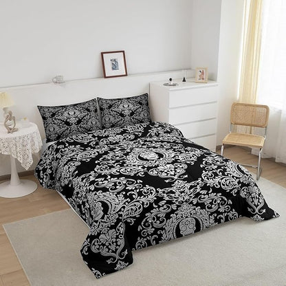 Feelyou Adults White Vintage Damask Floral Comforter Set Oriental Antique Comforter King Size Gothic Bohemia Boho Bedding Set Exotic Sugar Skull Duvet Set Quilt Set 3Pcs