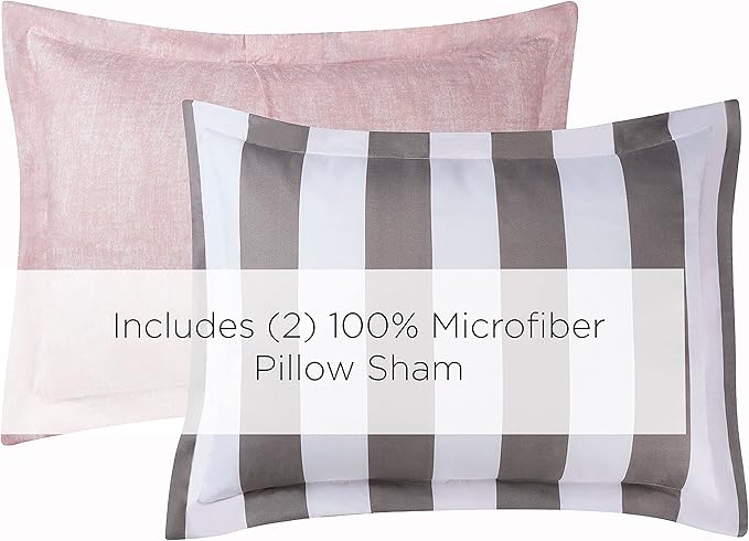 Juicy Couture Cabana Stripe Reversible Bedding Set - King Size - Grey and White Stripe Print – 6 Piece Set – Includes 1 104" x 90" Comforter, 3 Decorative Pillows, 2 Shams