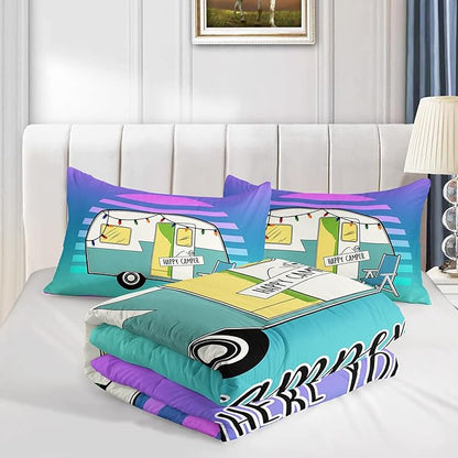 HOSIMA Happy Camping Decor Comforter Set,Cartoon Camper Bedding Queen Size for Kids Teen Girls Boys Room Decor,Camper Accessories for Travel Trailers Themed Bedding with 2 Pillowcases.