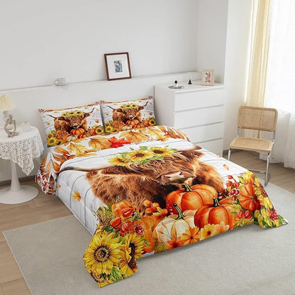 Highland Cattle 3 Pcs Queen Size Comforter Set,Sunflower Pumpkin Maple Leaf Down Alternative Adults Bedroom Decor,Autumn Theme Ultra Soft Microfiber Inner Fill 3Pcs Bedding