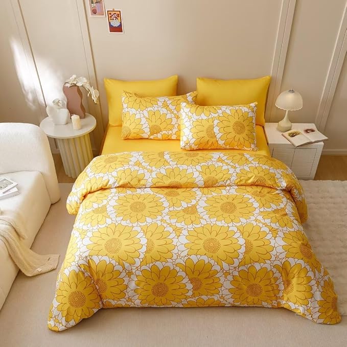 CLOTHKNOW Yellow Queen Comforter Set 3Pcs Sunflower Bedding Comforter Sets Floral Botanical Queen Comforter Boho Comforter with 2 x Pillow Cases
