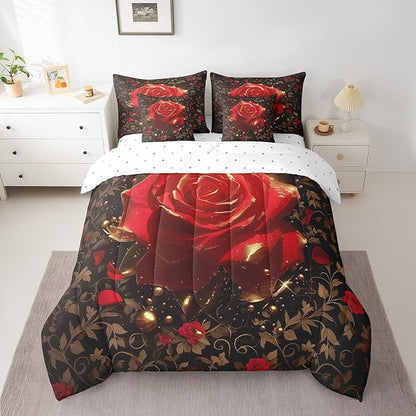 Erosebridal Red and Gold Rose Comforter Set King with Sheets,Romantic Rose Flower Bed in a Bag for Girls Women Couples Bedroom Decor,Botanical Leaf 7 Piece Bedding Set,Valentines Day Wedding Gifts