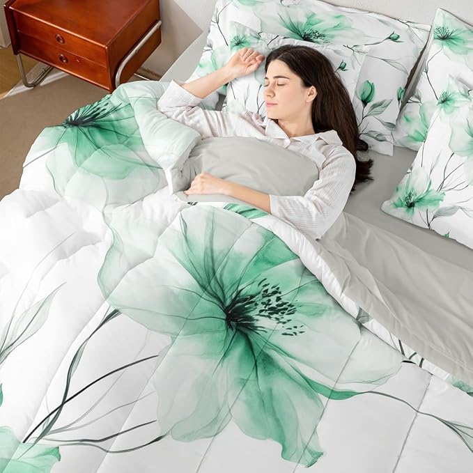 Erosebridal Green Floral Twin Comforter Set with Sheets, Boho Flower 7 Pcs Bedding Set, Ink Painting Style Blossom & Leaf Bed in A Bag, Elegant Watercolor Floral Bed Sets for Adults Women Girls