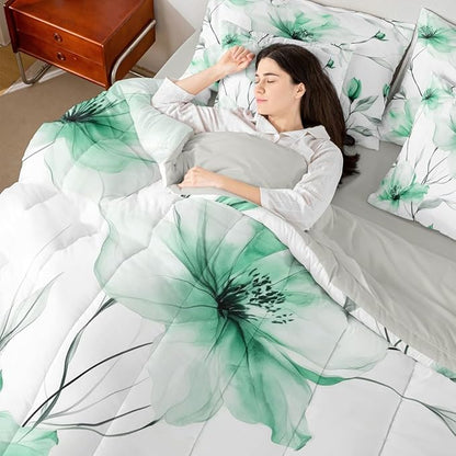 Erosebridal Green Floral Queen Comforter Set with Sheets, Boho Flower 7 Pieces Bedding Set, Ink Painting Style Blossom & Leaf Bed in A Bag, Elegant Watercolor Floral Bed Sets for Adults Women Girls
