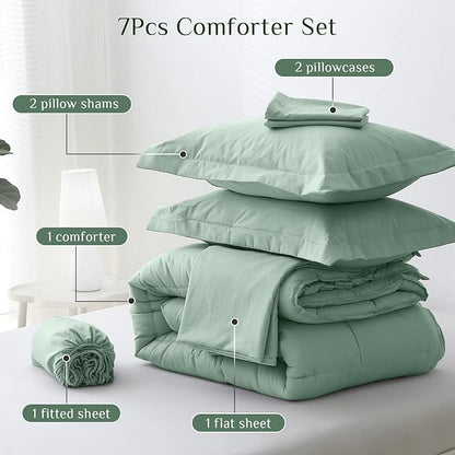 JOLLYVOGUE California King Comforter Set, Ultra-Soft Bed in a Bag Cal King Size 7 Pieces, Oeko-TEX Certified Bedding Set with Down Alternative Comforter, Sheets, Pillowcases & Shams, Sage Green