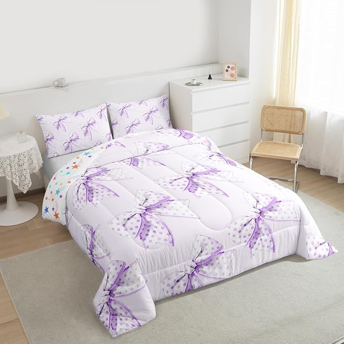 Erosebridal Cartoon Dot Bow Girls Toddler Bedding Set Purple Princess Bowknot Comforter Set Cute Kawaii Butterfly Knot Bedding Comforter Sets for Kids Teen Women,Dreamy Coquette Bow Bed Set