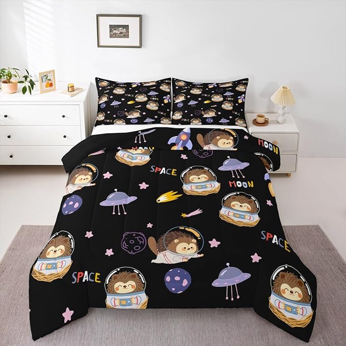 Cartoon Hedgehog Astronaut Comforter Set,Space Planet Bedding Set Kids Teens Modern Decor,Spaceship Starry Sky Comforter with 1 Pillowcase for All Seasons,Twin