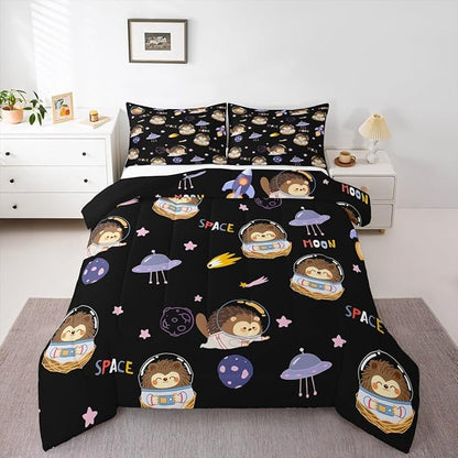 Cartoon Hedgehog Astronaut Comforter Set,Space Planet Bedding Set Kids Teens Modern Decor,Spaceship Starry Sky Comforter with 1 Pillowcase for All Seasons,Twin