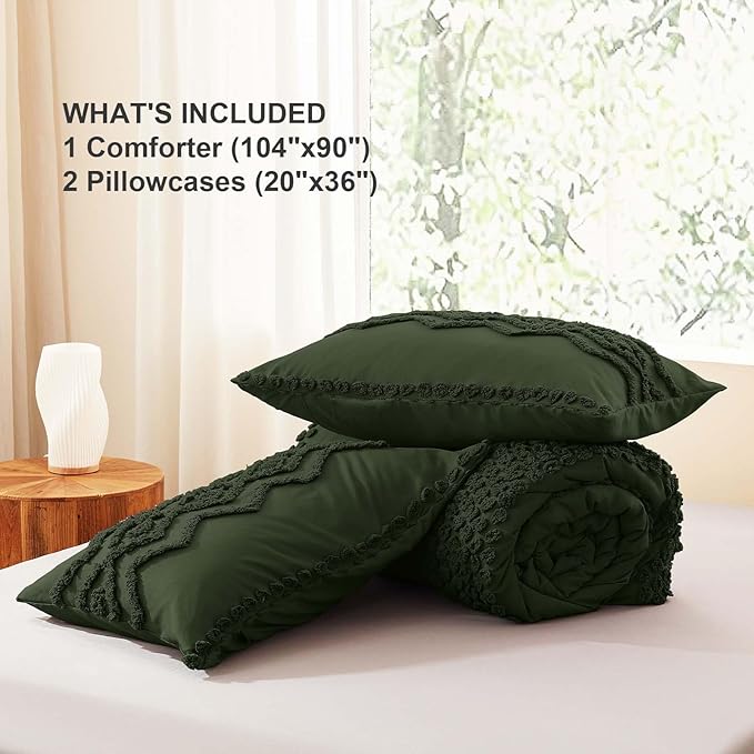 Luxudecor Olive Green Boho Tufted Comforter Set King Size 3 Pieces Boho Shabby Chic Comforter Farmhouse Embroidery Bedding Set Soft Comforter for All Seasons (Olive Green, 104''x90'')