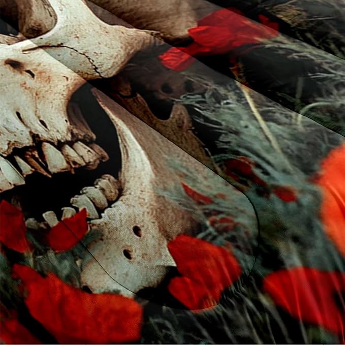 Gothic Skull Comforter Set Queen Size, Black Red Floral Microfiber Bedding Set, Horror Themed Bedroom Decor for Adult/Women
