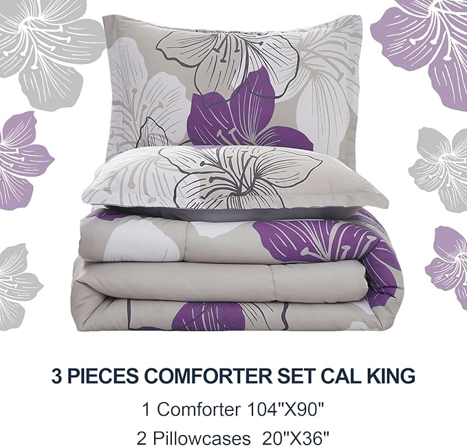 Menghomeus California King Comforter Set Purple Floral Pattern Printed on Grey Cal King Bedding Set Soft Microfiber Bed Comforter Set for All Season