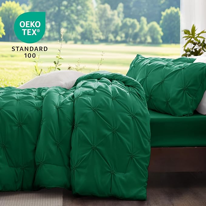 BEDELITE Forest Green Twin Comforter Set - 2 Peices Boho Pintuck Bedding Comforter Sets, Lightweight Soft & Warm Twin Bedding Sets with 1 Pillowcase for All Season