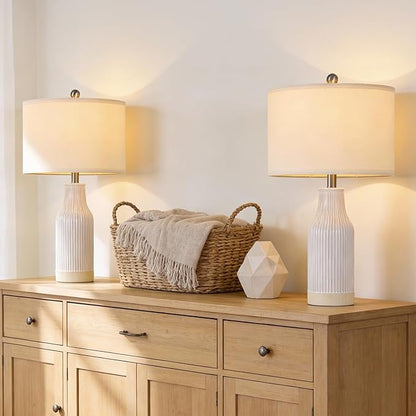 23.75" Modern Ceramic Table Lamps Set of 2, Stylish Bedside Lamps for Bedroom, Gorgeous Lamps for Nightstand, Lamps for Living Room, Farmhouse End Table Lamps, Cream Home Decor