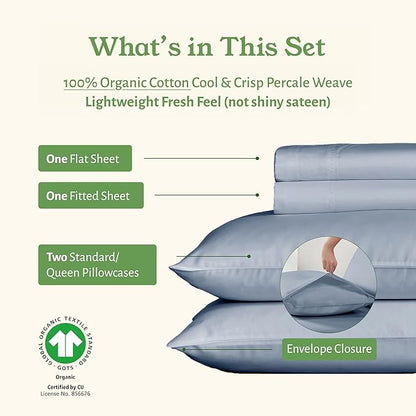 California Design Den Soft 100% Organic Sheets Full Size Bed Set with Deep Pockets - Crisp Percale Sheets, Breathable and Durable Bedding Set - Blue Hydrangea