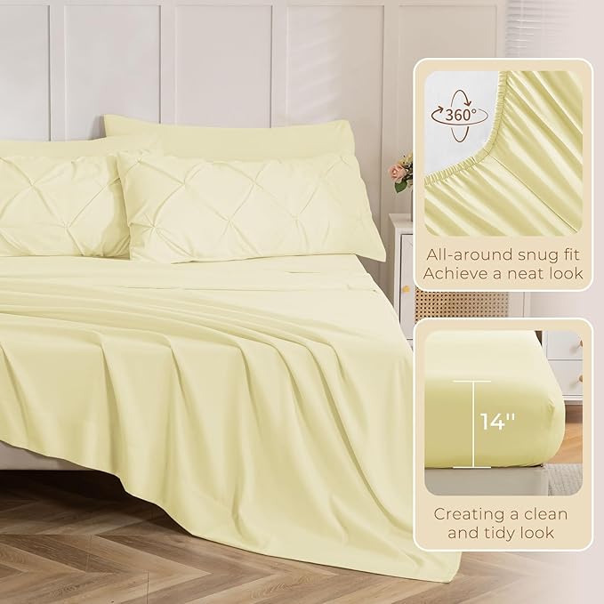 Sasttie Queen Comforter Set, 7-Piece Bed in a Bag, Pintuck Bedding Sets for All Season, Includes Comforter, Flat Sheet, Fitted Sheet, Pillowcases and Pillowshams, Cream Yellow