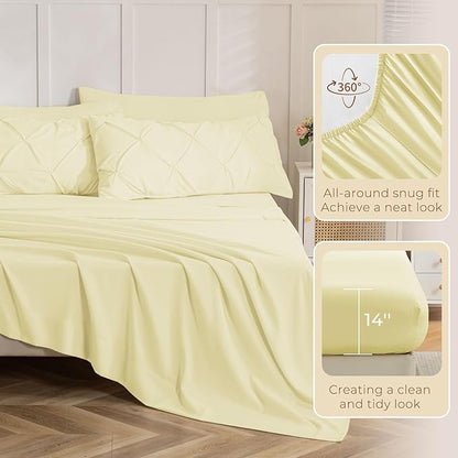 Sasttie King Size Comforter Set, 7-Piece Bed in a Bag, Pintuck Bedding Set for All Season, Includes Comforter, Flat Sheet, Fitted Sheet, Pillowcases and Pillowshams, Cream Yellow