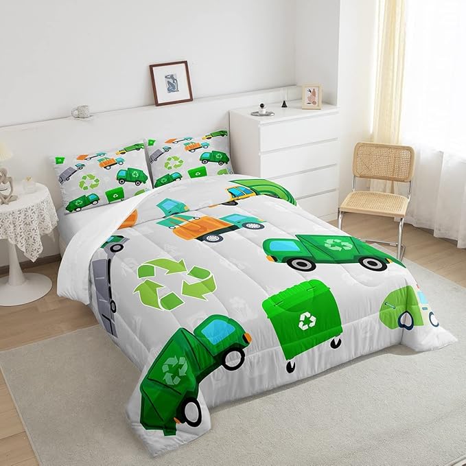 Feelyou Green Garbage Truck Bedding Set - Cartoon Trash Truck Comforter Set for Kids Boys Girls Teens - Green Vehicle Car Comforter Duvet Set with 1 Pillow Case