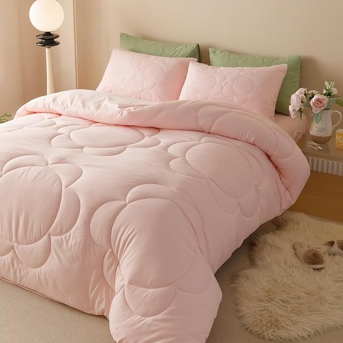 Cottonight Pink Sunflower Comforter Set Full Blush Pink Floral Bedding Set Women Girls Boho Farmhouse Chic Blanket Quilts Soft Breathable Baby Pink Full Size 3 Piece Bedding Set for Full Bed