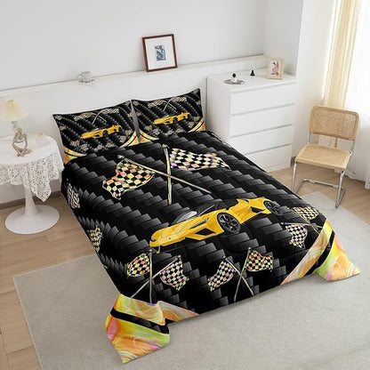 jejeloiu Yellow Race Car Bedding Set King Size Extreme Sports Comforter Set for Kids Teens Adult Fast and Furious Duvet Set Dazzling Flag Quilt Set 3Pcs