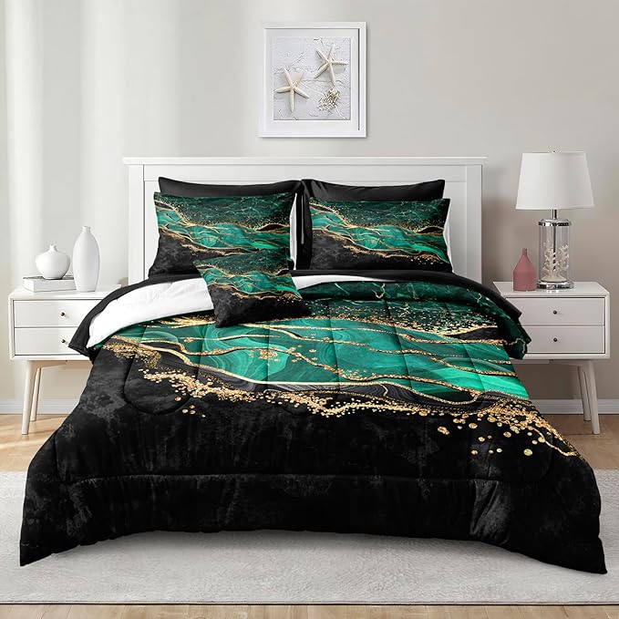 Emerald Green Comforter Set King Black Gold Marble Bed in a Bag 8 Pieces Bedding Set with 1 Green Black Marble Comforter, 1 Flat Sheet, 1Fitted Sheet, 4 Pillowcases, 1 Cushion Cover