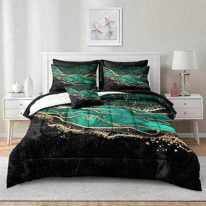 Emerald Green Comforter Set King Black Gold Marble Bed in a Bag 8 Pieces Bedding Set with 1 Green Black Marble Comforter, 1 Flat Sheet, 1Fitted Sheet, 4 Pillowcases, 1 Cushion Cover