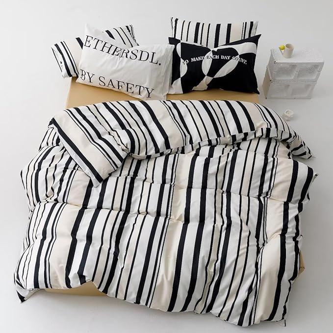 KAREVER Striped Comforter Set Twin Black and White Comforter Men Women Modern Chic Stripes Bed Comforters Beige Black Striped Twin Ticking Bedding Comforter Set All Season Hotel Quality Bed Set