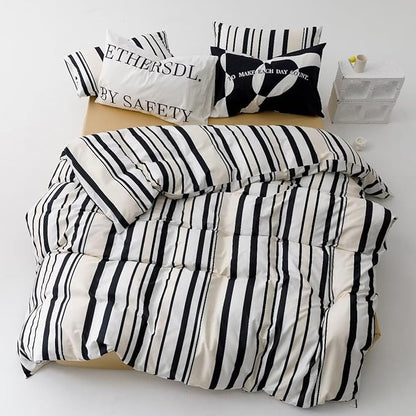 KAREVER Striped Comforter Set Twin Black and White Comforter Men Women Modern Chic Stripes Bed Comforters Beige Black Striped Twin Ticking Bedding Comforter Set All Season Hotel Quality Bed Set