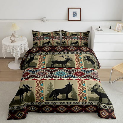 Western Bedding Sets King for Boys,Wolf Comforter Set Moose Elk Deer Quilt Exotic Tribal Southwestern Native Geometric Aztec Duvet Insert,Vintage Woodland Wild Animal Room Decor