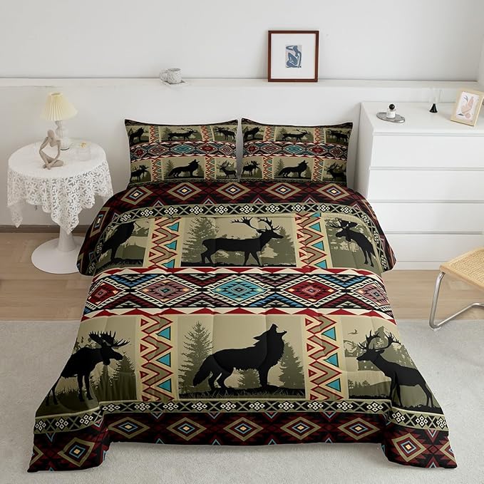 Erosebridal Western Bedding Sets for Boys,Wolf Queen Comforter Set Reindeer Elk Deer Quilt Exotic Tribal Southwestern Native Geometric Aztec Duvet Insert,Vintage Woodland Wild Animal Room Decor