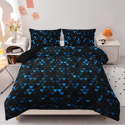 Geometric Blue Love Black Comforter Set,Blue Heart Honeycomb 3 PCS Bedding Set Full Size for Teen Adult,Modern Quilt Set Geometry Decor,Microfiber Lightweight 1 Comforter 2 Pillowcases