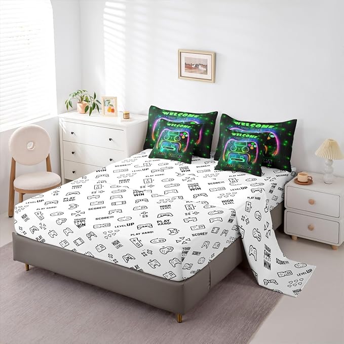 jejeloiu Cool Gamer 7 Piece Bedding Set King Size for Boys 3D Gaming Comforter Set with Sheets Kids Teens Bright Green Bed in a Bag Modern Game Console Bed Set