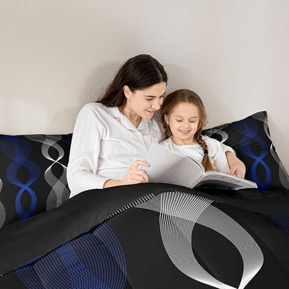 Erosebridal Blue Black Abstract Bedding Set King for Boys, Blue Striped Comforter Set, Ombre Geometric Stripes Quilt for Men Adults Bedroom, Modern Aesthetic Art Wavy Lines Boho Comforter