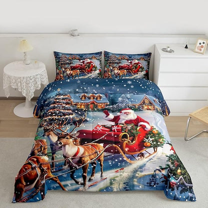 Santa Claus Comforter Set Full Size,Merry Christmas Bedding Set 3Pcs for Kids Girls Boys Teens Room Decor,Elk Deer Sled and Xmas Tree Quilt Set Rustic Farmhouse Duvet Insert,2 Pillowcases