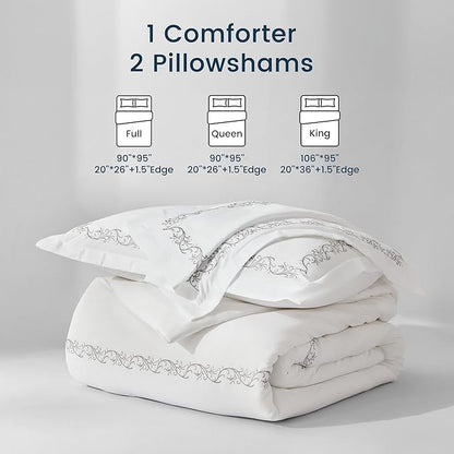 SLEEP ZONE Queen Comforter Set, Luxury Hotel Collection Comforter, 3 Pieces Fluffy Lightweight Down Alternative Duvet Insert with Embroidered Stripes (Natural Branches, Full/Queen)