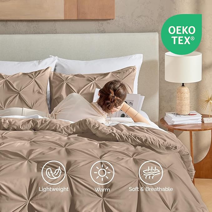 Andency California King Comforter Set Taupe (104x96Inch), Pinch Pleat Cal King Comforter Set 3 Pieces, Oversized King Pintuck Bed Comforter, Microfiber Down Alternative Comforter Bedding Set