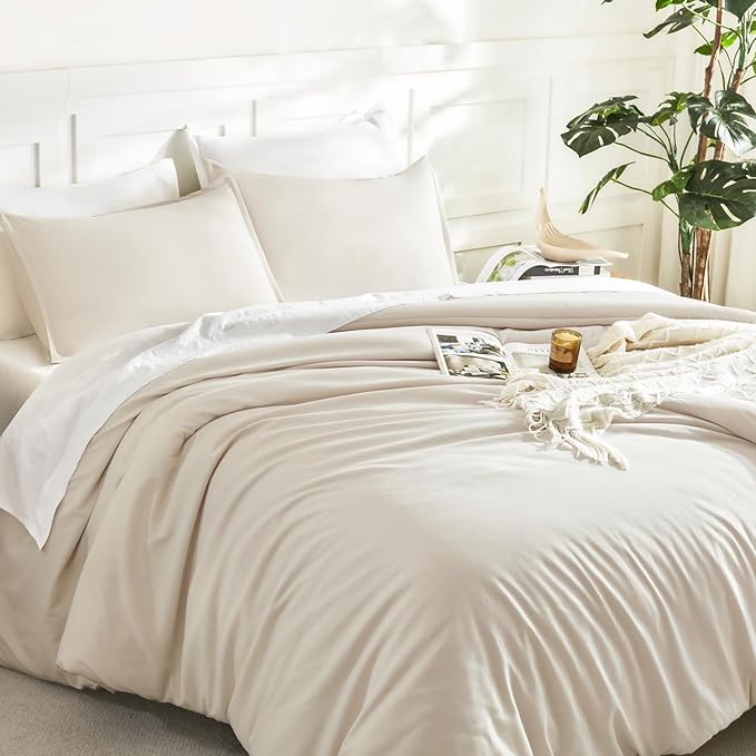 Litanika Comforters Beige Oversized King Size, 3 Pieces Lightweight Solid Bedding Comforter Set, All Season Fluffy Bed Set (120x98In Comforter & 2 Pillowcases)