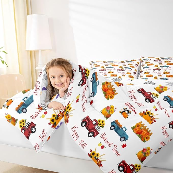 Happy Fall Bedding Set For Kids Twin Plaid Pumpkin Truck Comforter Set Thanksgiving Harvest Season Bedding Comforter Sets Autumn Sunflower Harvest Time Quilt Duvet Red Blue Orange 1 Pillow Case