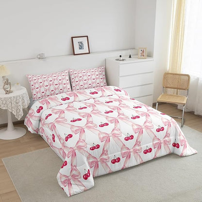 Erosebridal Cute Ribbon Bow Girls Bedding Set,Pink Kawaii Cherry Bedding Comforter Sets for Kids Teen Women Bedroom Decor King,Watercolor Bow Comforter Set Abstract Bowknot Grids Quilt Duvet